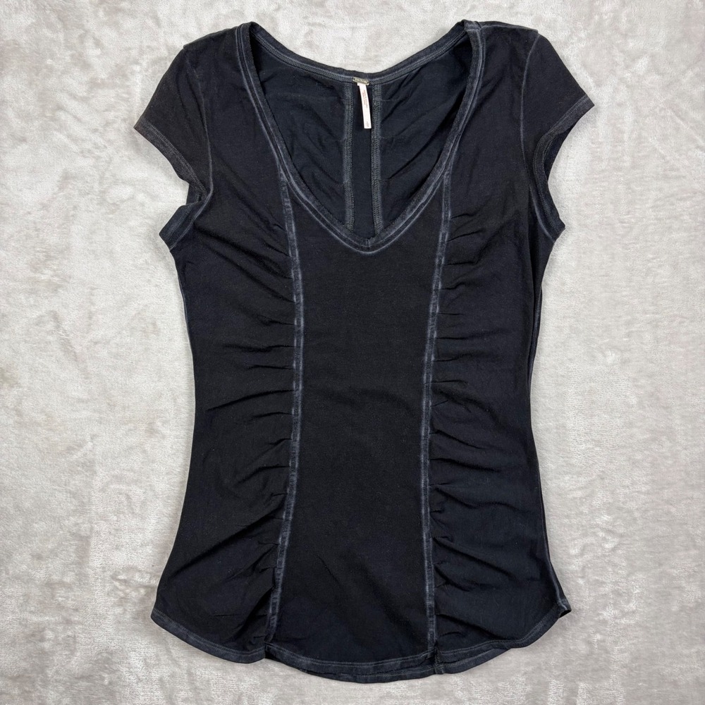 Free People Black Short Sleeve Ruched V-Neck Tee